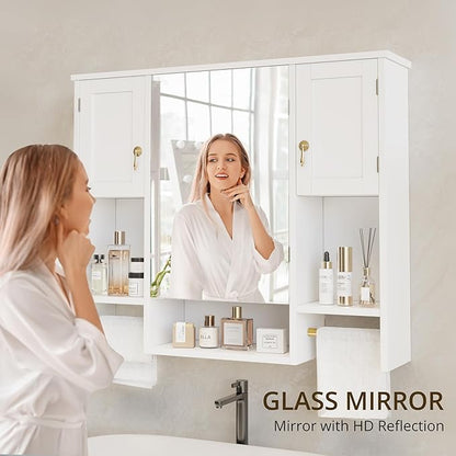 VECELO Bathroom Wall Cabinet with Mirror, Wall Mounted Medicine Cabinet with Open Shelves, 2 Towels Bars for Bathroom Laundry Room Kitchen, 35.04 * 7.09 Inches, Gold