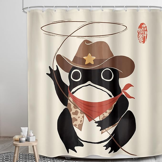 LGhtyro Funny Cowboy Frog Shower Curtain Bathroom Set 71Wx71H Inches Retro Western Rodeo Animal Cute Hat Asian Traditional Japanese Art Bath Accessories Black Beige Art Home Decor Fabric 12 Pack Hooks
