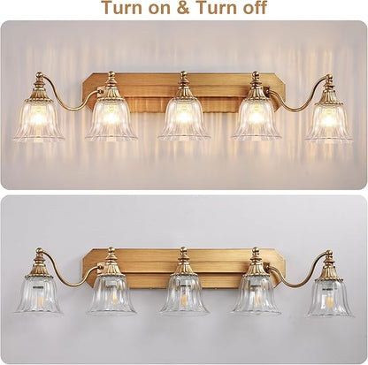 Gold Vintage Bathroom Light Fixtures, 5-Lights Bathroom Vanity Light, Antique Brushed Gold Lighting Fixtures Over Mirror with Crystal Glass Shade, Wall Sconce Lighting