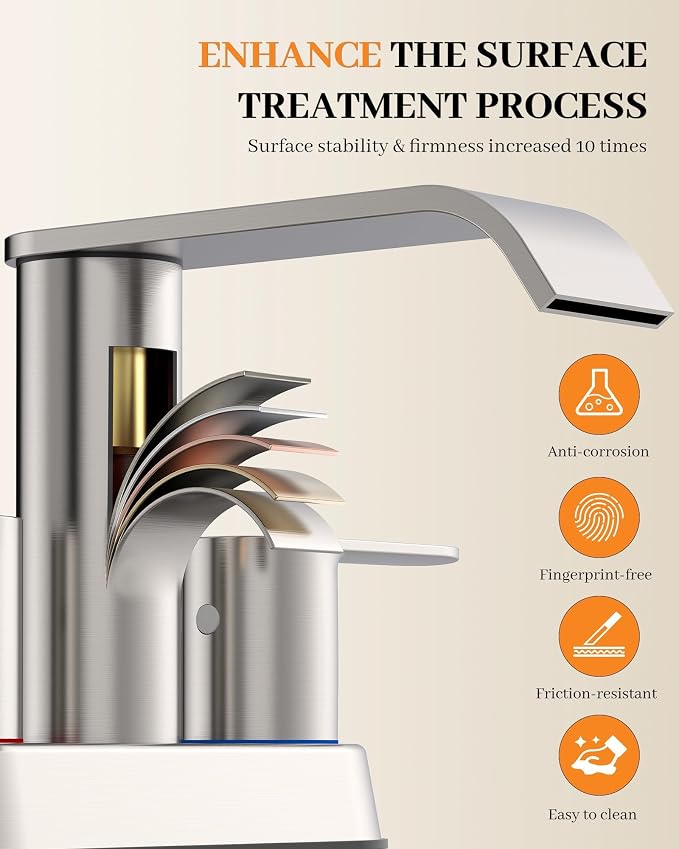 Waterfall Bathroom Sink Faucet Brushed Nickel 4 Inch Centerset Two Handle | Stainless Steel Modern Bathroom Faucets with Pop up Drain Supply Hose for Vanity RV 2 or 3 Hole Sink by Homevacious