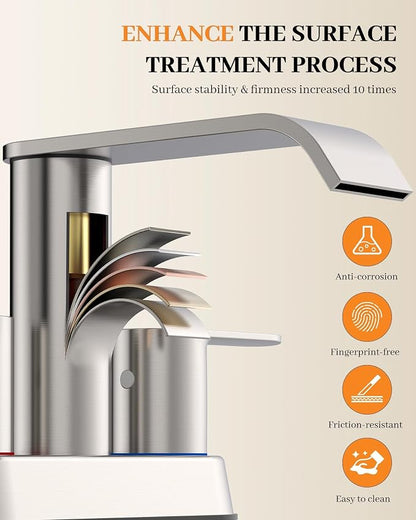 Waterfall Bathroom Sink Faucet Brushed Nickel 4 Inch Centerset Two Handle | Stainless Steel Modern Bathroom Faucets with Pop up Drain Supply Hose for Vanity RV 2 or 3 Hole Sink by Homevacious
