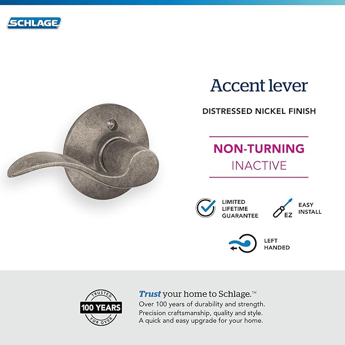Schlage Accent Lever Non-Turning Lock in Distressed Nickel - Left Handed - F170 ACC 621 LH