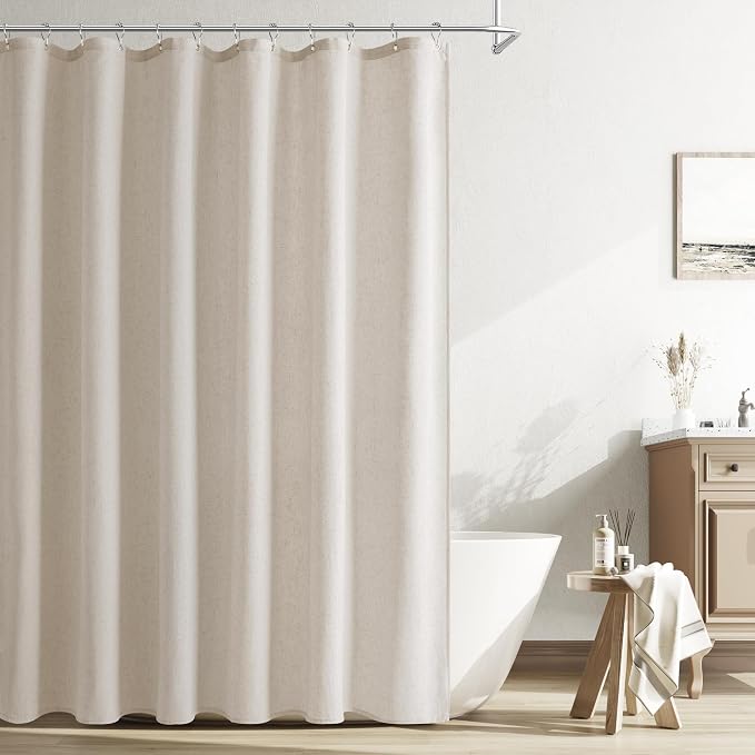 Oatmeal Linen Shower Curtain, Cloth Textured Fabric Shower Curtain Set with Hooks, Simple Elegant Modern Farmhouse Country Ultra Thick Bath Curtains for Bathroom,Water Repellent,72x90