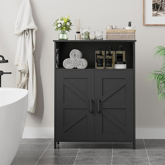 Homhedy Farmhouse Bathroom Storage Cabinet with 2 Doors, Toilet Paper Cabinet with Adjustable Shelves, Small Bathroom Cabinet for Kitchen/Laundry/Living Room, 11.8 x 23.6 x 31.5 Inches, Black