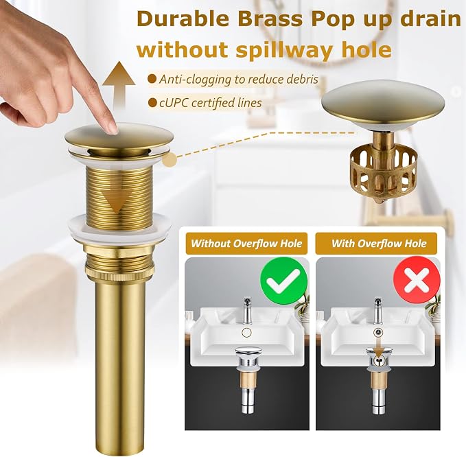 Brushed Gold Tall Bathroom Faucet,Single Hole Bathroom Sink Faucet | Deck Mount Single Handle One Hole Lavatory Vanity Faucet with Pop Up Drain Assembly Bathroom Sink Faucet for Mixer Bowl