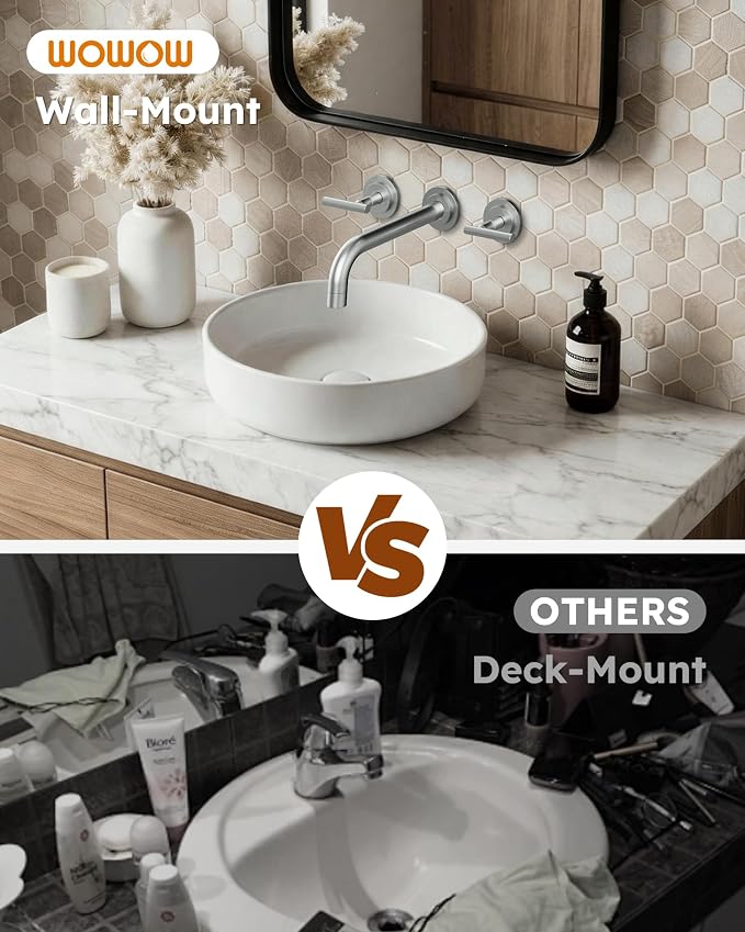 Brushed Nickel Bathroom Faucet,WOWOW 2 Handle Wall Mount Bathroom Faucet, Vessel Sink Faucet Wall Mount and Brass Rough-in Valve Included