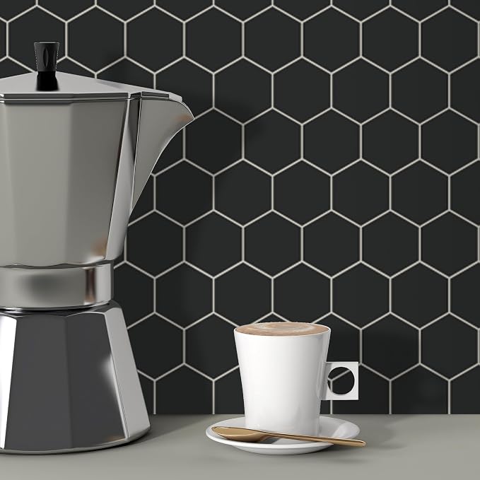 10-Sheet Hexagon Peel and Stick Backsplash, 11.42" x 11.42" Black Honeycomb Self-Adhesive Marble Mosaic Wall Tile, Waterproof Stick on Backsplash Tiles for Kitchen Bathroom Shower