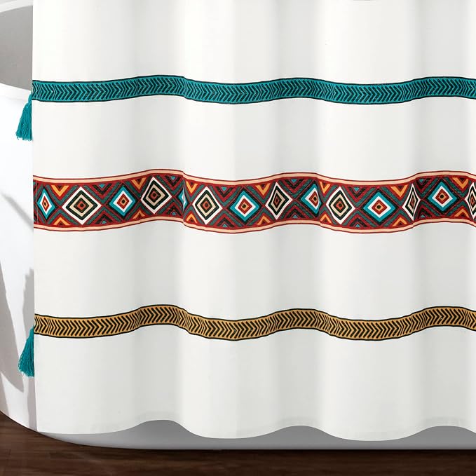 Lush Decor Ava Boho Stripe Tassel Cotton Blend Shower Curtain Single 72" W x 72" L Turquoise & Orange - Striped Shower Curtains for Bathroom Curtain