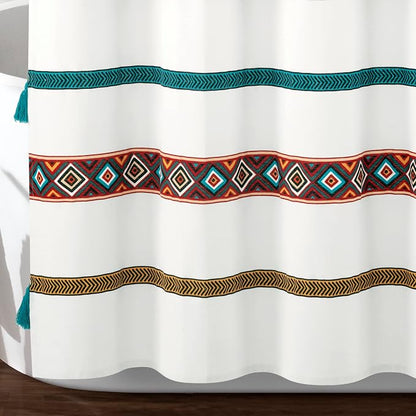 Lush Decor Ava Boho Stripe Tassel Cotton Blend Shower Curtain Single 72" W x 72" L Turquoise & Orange - Striped Shower Curtains for Bathroom Curtain