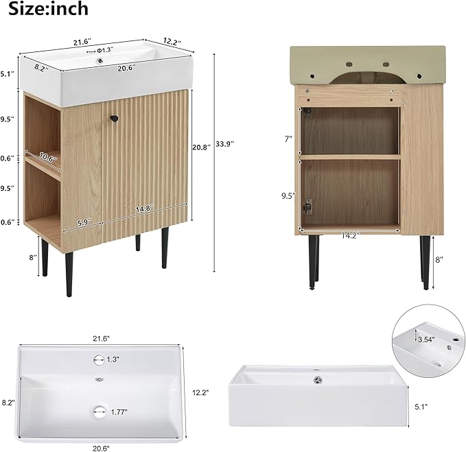 22" Small Bathroom Vanity with Sink, Morden Bathroom Vanities with Soft-Close Door and Open Shelf, Freestanding Narrow Vanity for Compact Space-Saving Bathrooms (Wood,22" Freestanding Left Shelf)