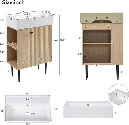 22" Small Bathroom Vanity with Sink, Morden Bathroom Vanities with Soft-Close Door and Open Shelf, Freestanding Narrow Vanity for Compact Space-Saving Bathrooms (Wood,22" Freestanding Left Shelf)