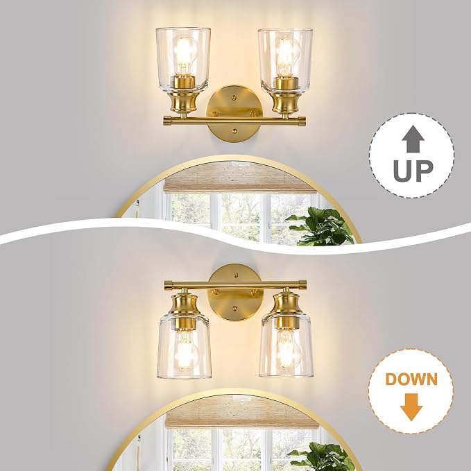Bathroom Light Fixtures Over Mirror, 2 Lights Vanity Lights with Clear Glass Shade, 12.1" Gold Farmhouse Bathroom Wall Light Fixtures for Bedroom, Porch, Hotel, Mirror Cabinet