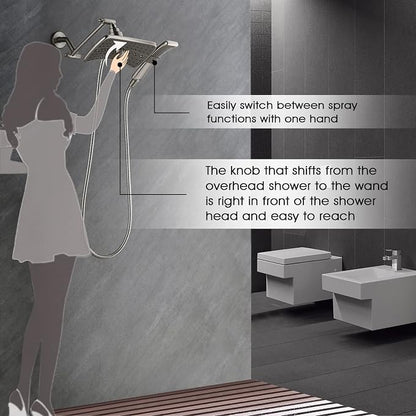 BRIGHT SHOWERS High Pressure Shower Head Combo with Two Spray Setting Fixed Shower Head and Two Spray Settings Handheld Shower Head with Grey Face, Brushed Nickel