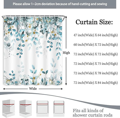 Extra Long Eucalyptus Shower Curtain 72X84 Inch, Teal Blue Watercolor Plants Leaves Floral Tall Bathroom Curtains, Botanical Foliage Waterproof Fabric Cloth Shower Curtain Set with Hooks