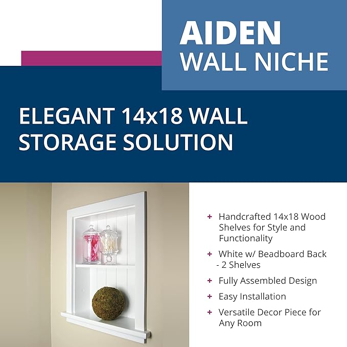 Fox Hollow Furnishings 14x18 Aiden Recessed Wall Niche Medicine Cabinet Replacement, in The Wall Bathroom Cabinet Insert Shelf/Shelves, Made in North America, Real Wood, NO MDF, Beadboard, White
