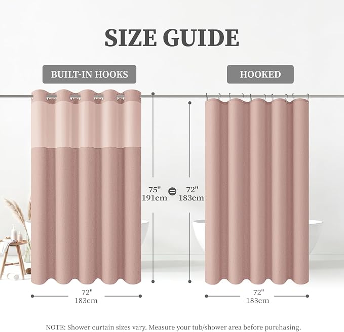 Blush Ringless Linen Textured Shower Curtain with Snap in Liner, 72x75 | 3 in 1 Hotel Shower Curtain Set, Removable Liner, Waterproof & Washable, Mesh Top Window, Durable Fabric, Easy to Install
