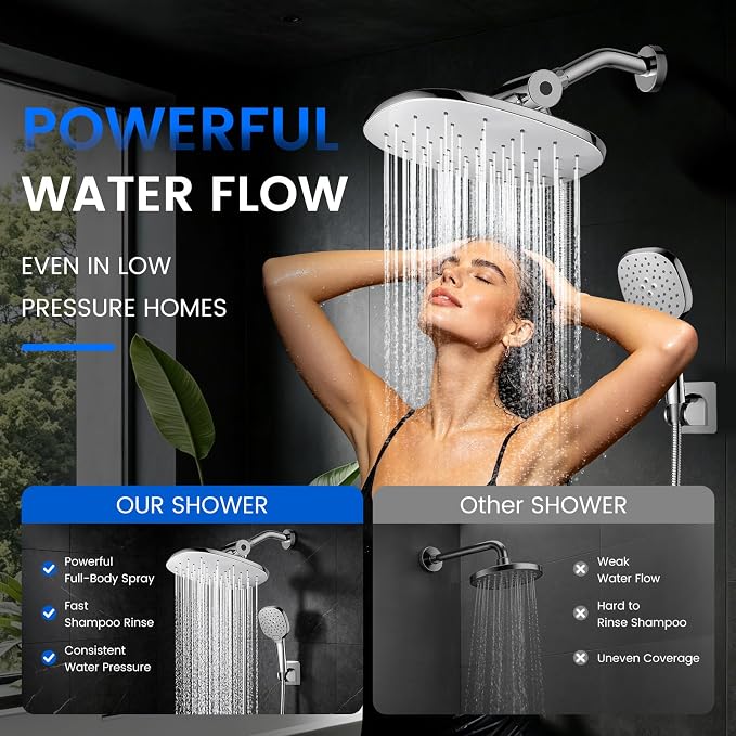 10" Rain Shower Head with Handheld Spray, Dual High Pressure Showerhead | Rainfall Shower Heads Combo with Multi Spray, Detachable Hand Showerhead Set with 71 Inch Shower Hose & Extra Holder