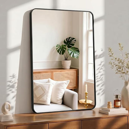 OLIXIS 40x30 Inch Bathroom Wall Mount Mirror with Rounded Rectangle, Black | Modern Wall Vanity Mirrors for Over Sink with Matte Brush Metal Framed, for Home Decor, Living Room, Bedroom