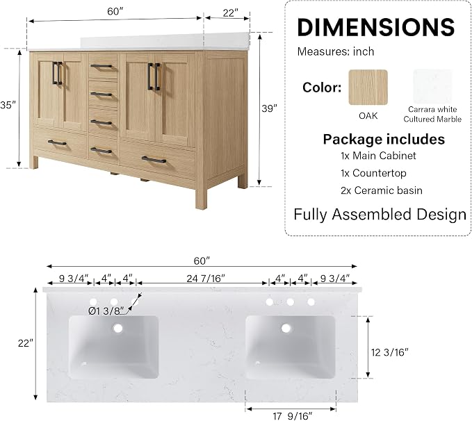 60-Inch Bathroom Vanity with Sink, 4 Soft-Close Doors and 6 Soft-Close Drawers, Bathroom Freestanding Vanity with Cultured Marble Countertop, Oak Vanity with Matte Black Handles