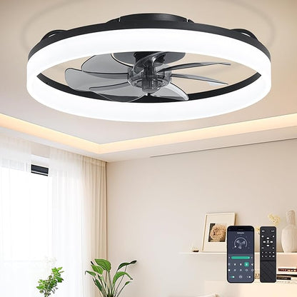 Ceiling Fans with Lights and Remote Fandelier - 20'' Flush Mount Low Profile Modern Black Ceiling Fans for Bedroom - Stepless Color Temperature Change and 6 Speeds, Black