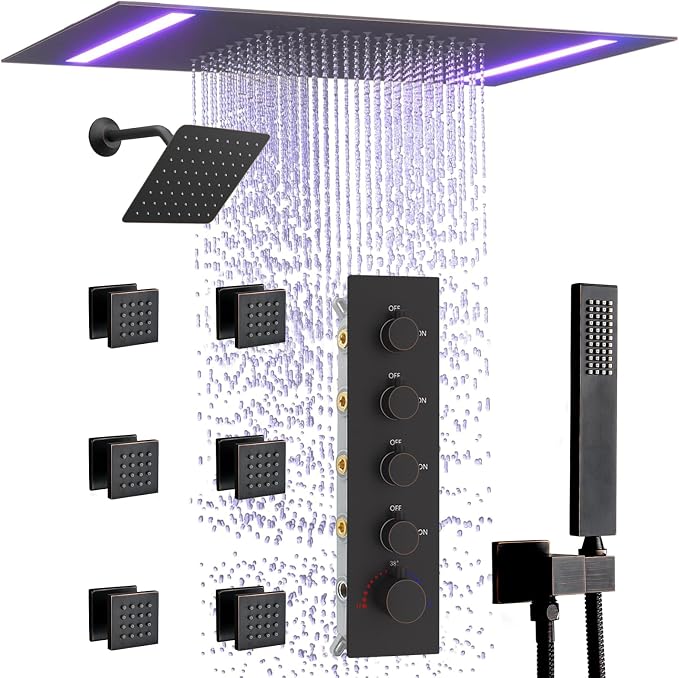 Thermostatic Shower System with 14x20 Inch Ceiling Mount LED Head & 6 Inch Wall Head and Handheld Shower 4 Function Vale with body jets, Oil Rubbed Bronz