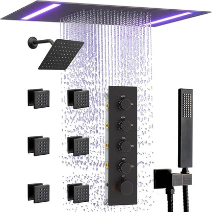 Thermostatic Shower System with 14x20 Inch Ceiling Mount LED Head & 6 Inch Wall Head and Handheld Shower 4 Function Vale with body jets, Oil Rubbed Bronz
