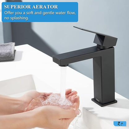 Tohlar Black Bathroom Faucet, Bathroom Faucets for Sink 1 Hole, Matte Black Single Hole Bathroom Faucets Modern Single Handle Vanity Faucet with Overflow Pop Up Drain Stopper and Water Supply Lines