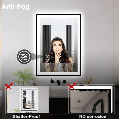 EchosLife 24x36 LED Bathroom Mirrors for Wall - Black Aluminum Framed | Black Frame, Front and Backlit, Anti-Fog, Stepless Dimmable, 3 Colors, Memory, Tempered Glass, UL Listed, Horizontal/Vertical