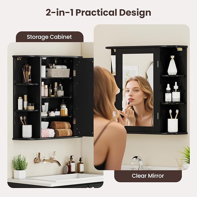 GIANTEX Bathroom Mirror Cabinet (Black) | Wall Mounted Medicine Cabinet with Mirrored Door & 4 Interior Shelves, 6 Open Shelves, Space-saving Storage Cabinet