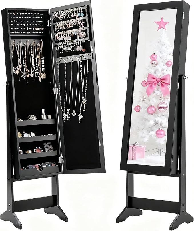 MAT EXPERT Jewelry Armoire Cabinet w/Full-Length Mirror, Jewelry Organizer Standing Mirror w/ 4 Shelves, 3 Adjustable Tilt Angles, Anti-toppling Device, Jewelry Cabinet for Bedroom, Living Room, Black