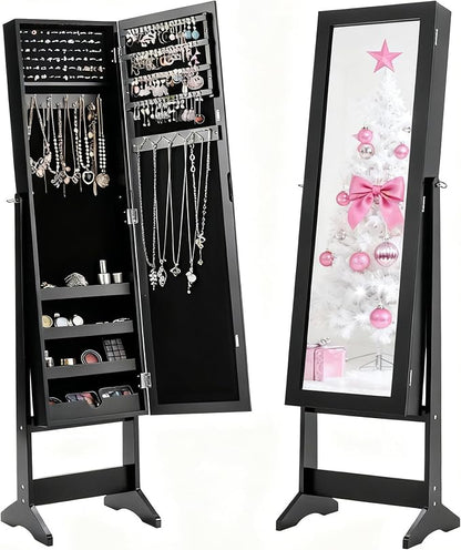 MAT EXPERT Jewelry Armoire Cabinet w/Full-Length Mirror, Jewelry Organizer Standing Mirror w/ 4 Shelves, 3 Adjustable Tilt Angles, Anti-toppling Device, Jewelry Cabinet for Bedroom, Living Room, Black