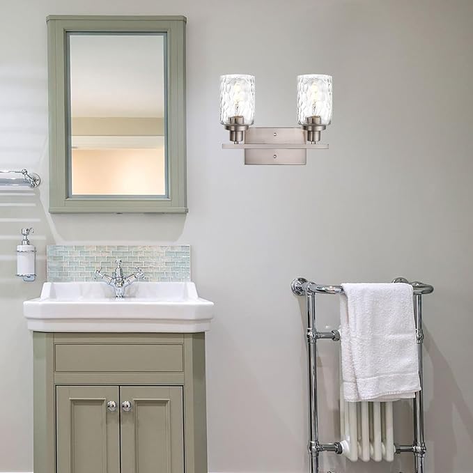 MELUCEE Indoor Wall Sconces Brushed Nickel with Clear Hammered Glass | 2-Light Modern Bathroom Vanity Light Wall Mount Lamp for Mirror Powder Room Dressing Table (Patent No.: US D963914 S)