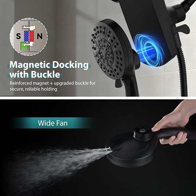 Foldable Rainfall Shower Head 9 Spray Settings/Modes Handheld Showerheads | High Pressure Shower Heads with Handheld Spray Combo, Built-in Magnetic Docking, Power Jets, Stainless Steel Shower Hose