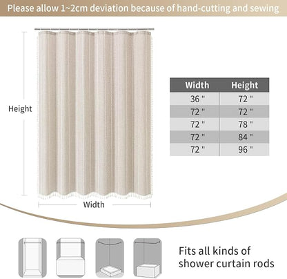 Boho Farmhouse Tassel Linen Shower Curtain,3D Embroidery Stripe Cream,36x72 | Small Stall Half Size,310GSM Linen Texture Heavy Duty Cloth,Water Repellent,Wrinkle Resistant,Vintage Farmhouse Rustic