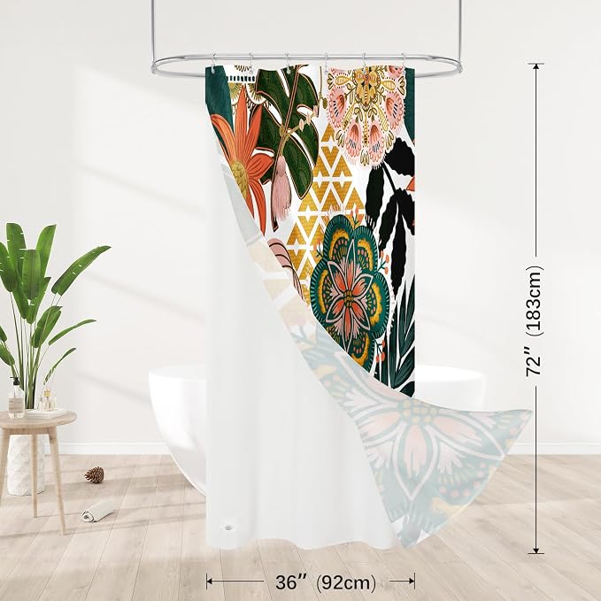 3 in 1 Pink Floral Shower Curtain Set with PEVA Liner & 12 Hooks, 36 x 72 | Boho Tropical Botanical Style, Farmhouse Floral Fabric, Modern Hotel Inspired, Water‑Repellent, Machine Washable