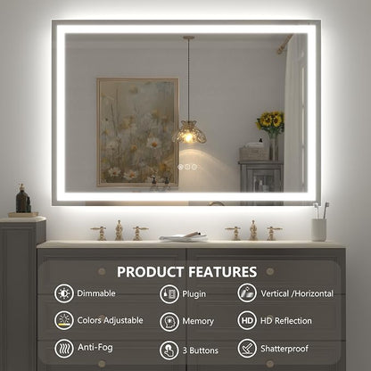 48x30 Inch LED Lighted Bathroom Vanity Mirror for Wall | Dimmable, Frontlit and Backlit, Anti-fog, Shatter-Proof, 3 Colors, ETL Listed, Hangs Horizontally or Vertically