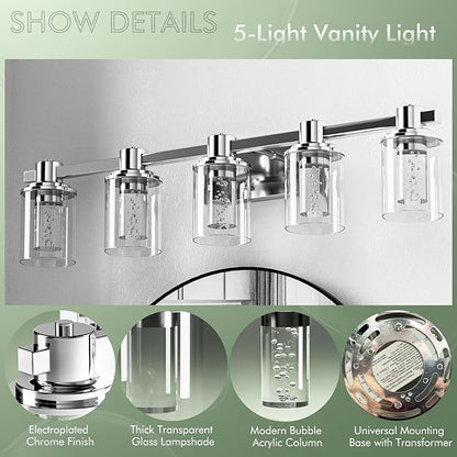 Quntis 5-Light Chrome Bathroom Vanity Light with 5 Color Modes, Dimmable Modern Bathroom Lighting Fixture Over Mirror, 35 Watts Eye Protection LED Wall Lamp 33 Inch (UL Certified, Bulbs Included)