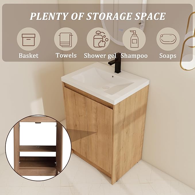 24" Bathroom Vanity with Sink, 24 Inch Freestanding Vanity, Single Resin Sink Floor Stand Bathroom Sink Cabinet with 2 Doors, Imitative Oak (Space-Saving for Small Bathrooms)
