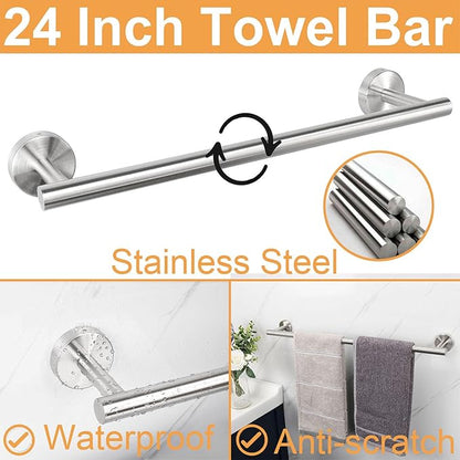 TocTen Bathroom Hardware Set, Thick Stainless Steel Bath Towel Bar Set Including Towel Rack for Bathroom+Toilet Paper Holder+3 Robe Towel Hooks Wall Mount Bathroom Accessory Set(24IN,Brushed Nickel)
