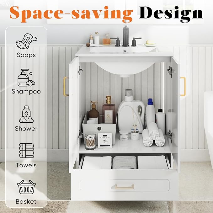DUMOS 24'' Modern Bathroom Vanity Cabinet, Freestanding Bathroom Storage | Set with Smooth Ceramic Undermount Sink Basin, 2 Cabinet Doors and 1 Drawer Design, Easy Assmble Furniture, No Faucet, Ivory