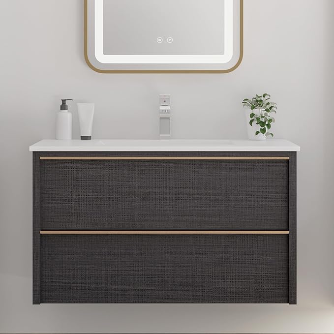 Floating Bathroom Vanity Without Sink Wall Mounted Cabinet with 2 Soft-Close Drawers, Moisture-Resistant MDF,Large Storage for Small Space (Gray 36")