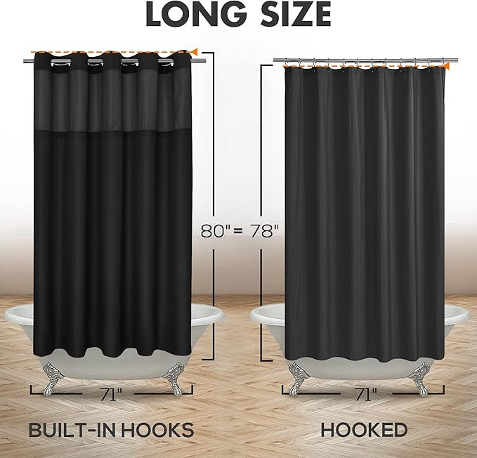 River Dream Long No Hook Slub Textured Shower Curtain with Snap-in PEVA Liner Set - 71" x 80"(78"), Hotel Style with See Through Top Window, Black Fabric Curtain & Waterproof Liner, Black, 71x80
