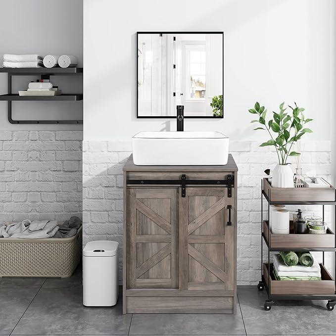 24" Farmhouse Bathroom Vanity with Sink, Bathroom Storage Cabinet with Sliding Barn Doors & Metal Handle, Freestanding Vanity Without Sink
