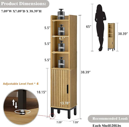 Narrow Bathroom Storage Cabinet, Corner Toilet Paper Floor Cabinet 5 Tiers with Door and Shelves,Bathroom Organizer with Adjustable Shelf, for Small Spaces (Oak)