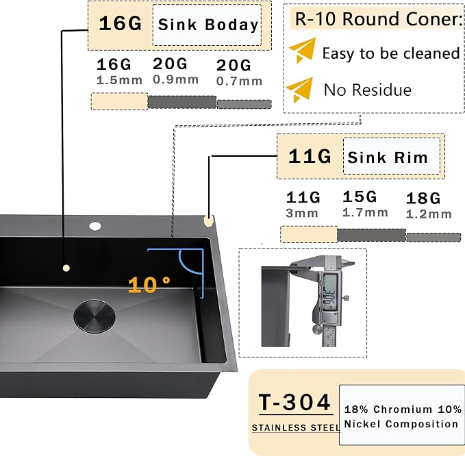 VCCUCINE 25 Inch Black Drop in Kitchen Sink,25x22 Inch Gunmetal Black Single Bowl Stainless Steel Basin Topmount Kitchen Sink,16 Gauge Metal Laundry Sink Black Small Kitchen Sink
