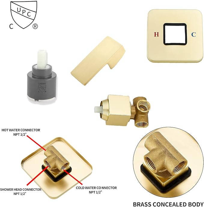 Brushed Gold Shower Faucet GGStudy Single Function Shower Trim Kit with Rough-in Valve Shower Set Bath Rainfall Shower Faucet System 8inch Square Stainless Steel Metal Shower Head