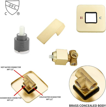 Brushed Gold Shower Faucet GGStudy Single Function Shower Trim Kit with Rough-in Valve Shower Set Bath Rainfall Shower Faucet System 8inch Square Stainless Steel Metal Shower Head
