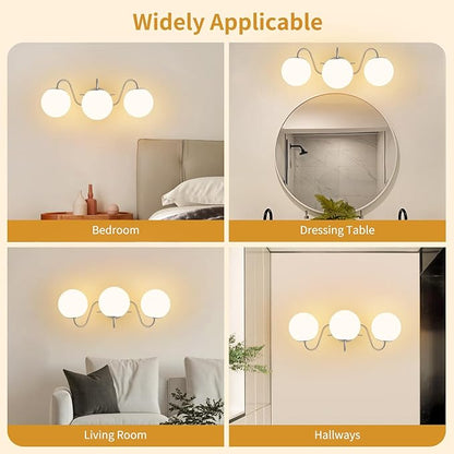 3 Lights Vintage Bathroom Vanity Light Fixtures Over Mirror, Brushed Nickel Vanity Lights For Bathroom With Milk White Glass Globe Shade, Wall Lights For Bedroom, Hallway, Dressing Table(G9 Incl.)