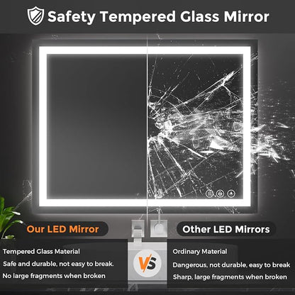 Koonmi 36x28 LED Bathroom Mirror with Light, Anti-Fog, 3 Colors | Backlit + Front Lit, Dimmable Brightness, Shatterproof HD Distortion-Free Tempered Glass, Hardware Included