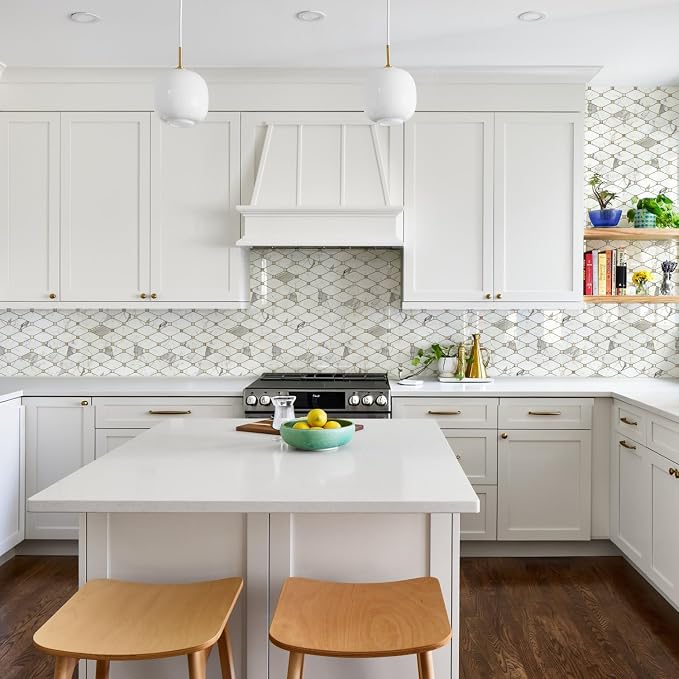 STICKGOO 10 Sheets Peel and Stick Backsplash, Polished Carrara White | PVC Mixed Metal Gold, Waterproof, Self Adhesive Tiles for Kitchen Wall, Bathroom, RV